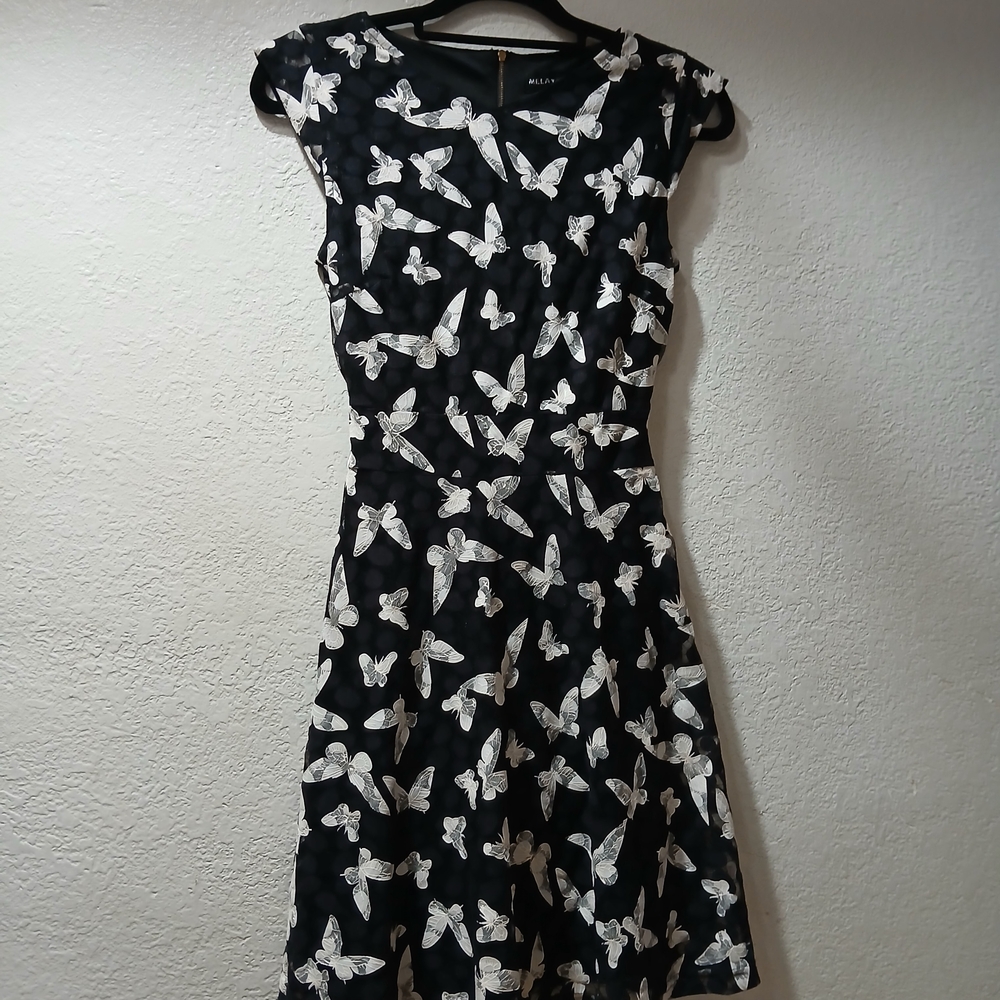 Mega love london size 6 /8 legant Black Midi Dress with White Butterfly Print